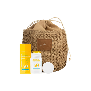 Pack solare viso SPF50 Germaine de Capuccini - Fluido Minerale Protettivo e Stick Invisibile in Necessaire Crochet Natural